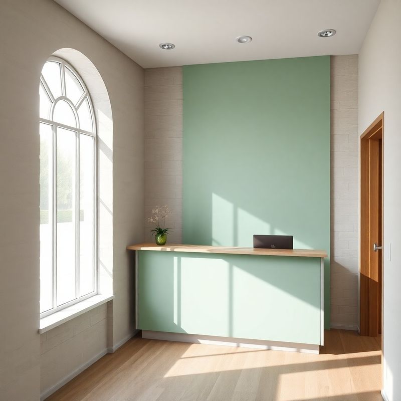 Welcoming modern office reception in Swords with stone-coloured walls and mint accent panel
