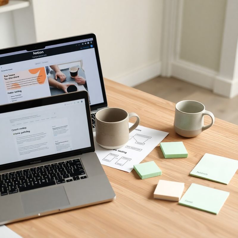 Flat-lay of content production tools — Notion workspace, workflow diagrams, mint sticky notes