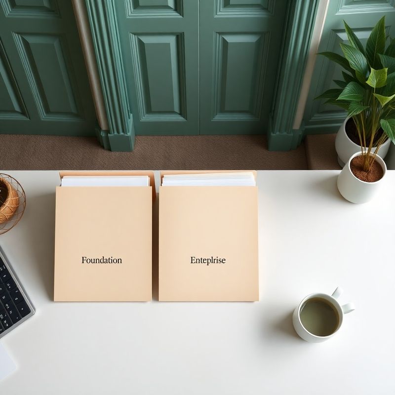 Three tidy document folders labelled Foundation, Scale, Enterprise on a clean desk