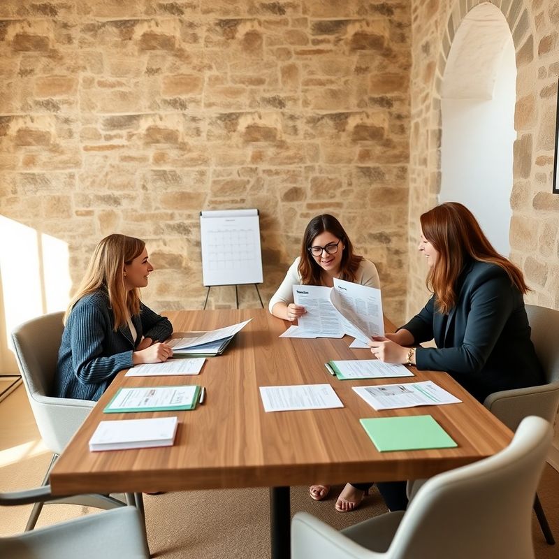 Four professionals reviewing printed editorial calendars in a stone-walled meeting room