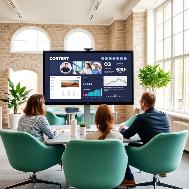 Team collaborating around a content dashboard in a bright open-plan office